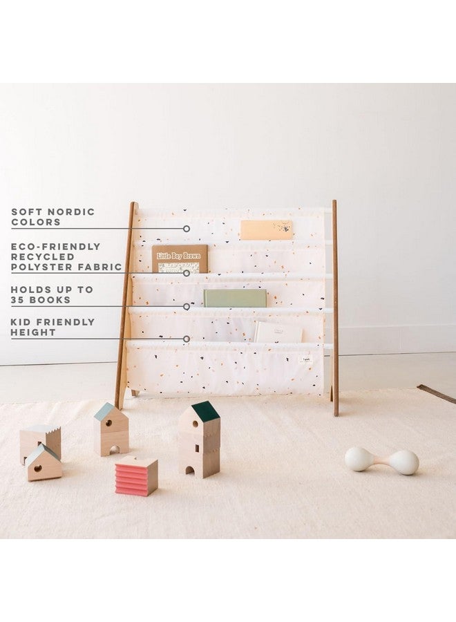 3 sprouts 3 Sprouts Recycled Fabric Kids Bookshelf - 4-Tier Sling Book Rack Organizer - Nursery Room Playroom Classroom Wooden Book Shelves - Kid Bookcase Wood Storage Shelf for Toddler Age 3+ - Terrazzo Cream  - Image 3