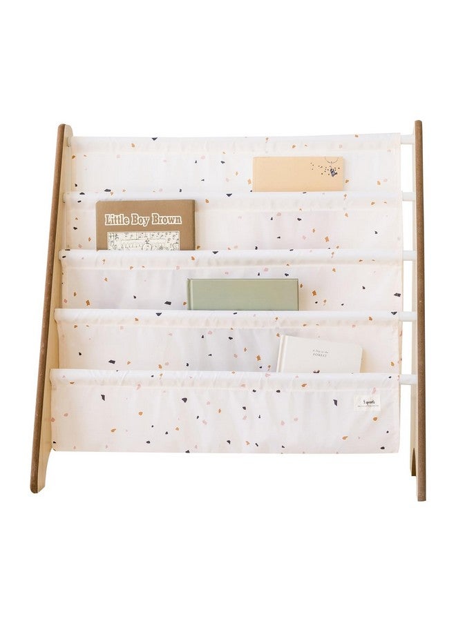 3 sprouts 3 Sprouts Recycled Fabric Kids Bookshelf - 4-Tier Sling Book Rack Organizer - Nursery Room Playroom Classroom Wooden Book Shelves - Kid Bookcase Wood Storage Shelf for Toddler Age 3+ - Terrazzo Cream  - Image 1