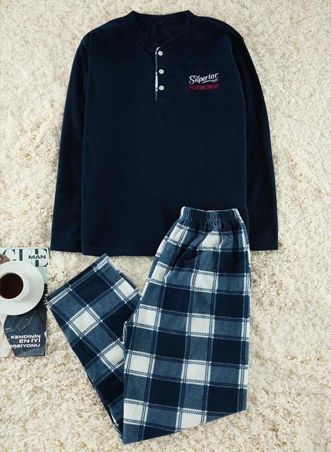 trendyol Navy Blue Plaid Polar Soft Texture Knitted Pajama Set TMNAW25PT00057 - Image 1