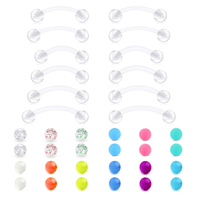 QWALIT 14g Plastic Industrial Barbell Earrings Pregnancy Belly Button Ring Nipple Tongue Rook Eyebrow Piercing Retainer Flexible Clear Curved Barbell Replacement Balls for Work Surgery