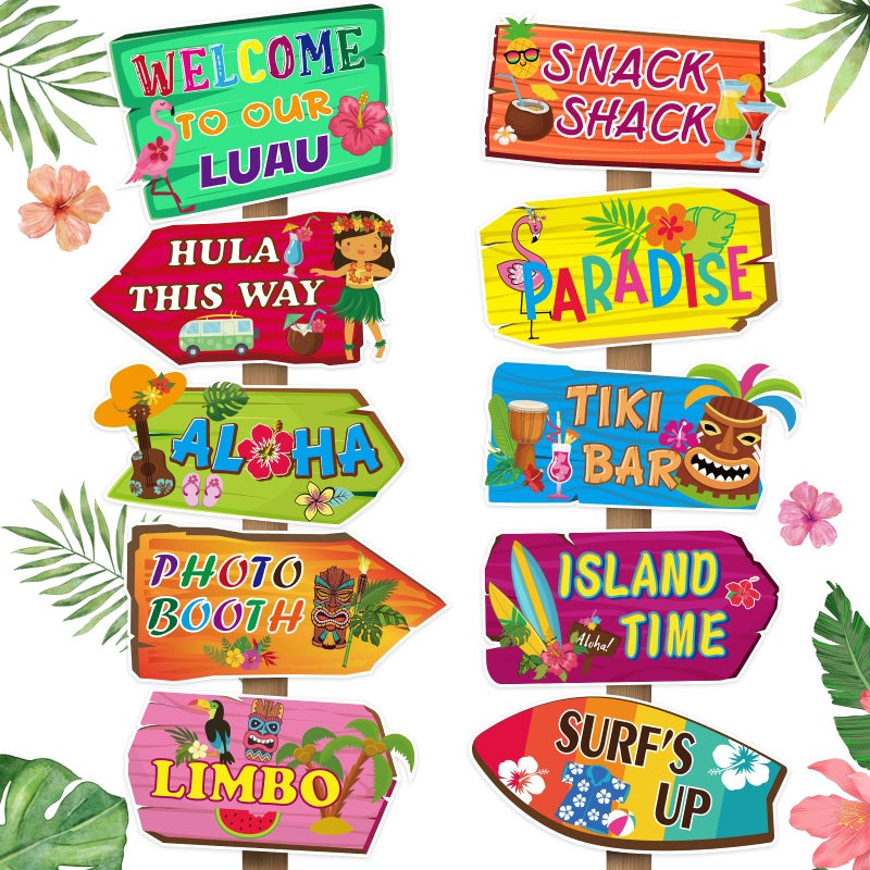 KALEFO 20Pcs Luau Party Welcome Sign Hawaiian Parties Directional Signs Tropical Tiki Aloha Beach Island Summer Themed Party Decorations