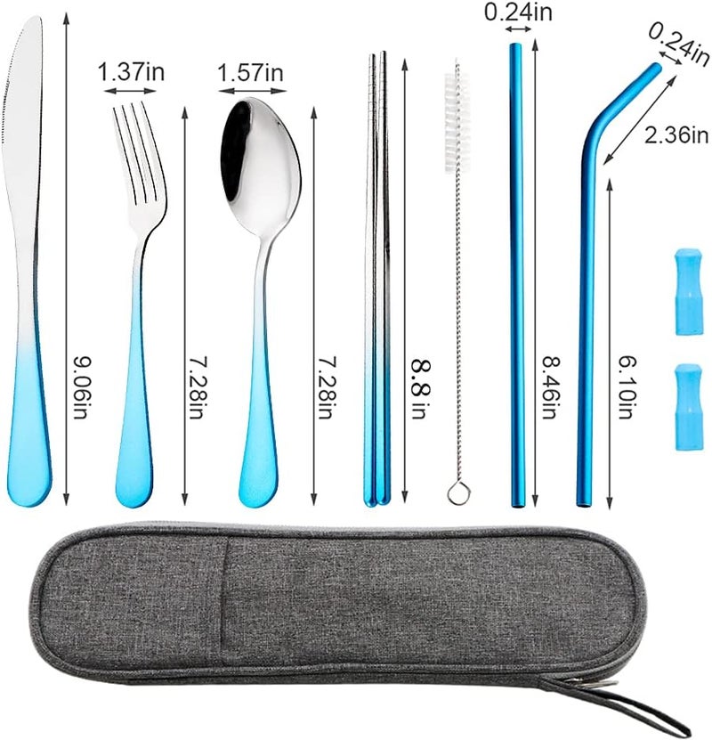 OASMU Travel Utensils Set with Case Reusable Portable Cutlery Set Stainless Steel 8pcs Including Dinner Knife Fork Spoon Chopsticks straws(Gradient Blue) - Image 3