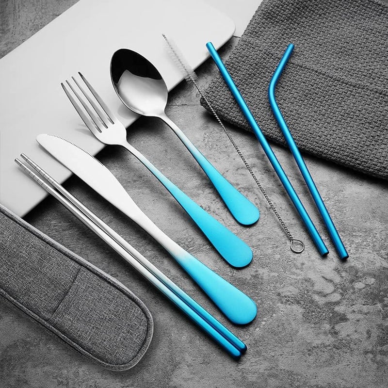 OASMU Travel Utensils Set with Case Reusable Portable Cutlery Set Stainless Steel 8pcs Including Dinner Knife Fork Spoon Chopsticks straws(Gradient Blue) - Image 2