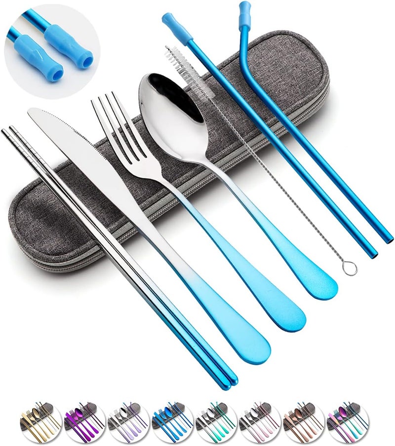 OASMU Travel Utensils Set with Case Reusable Portable Cutlery Set Stainless Steel 8pcs Including Dinner Knife Fork Spoon Chopsticks straws(Gradient Blue) - Image 1