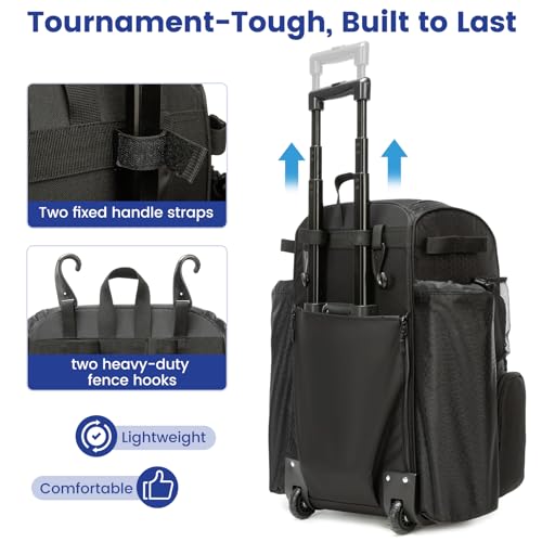 Kioqiear Rolling Baseball Bag with Wheels,Large Softball Bag with Fence Hook for 4 Bats & Equipment,Lightweight Baseball Bat with Shoe Compartment. (Black) - Image 3