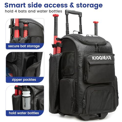 Kioqiear Rolling Baseball Bag with Wheels,Large Softball Bag with Fence Hook for 4 Bats & Equipment,Lightweight Baseball Bat with Shoe Compartment. (Black) - Image 5
