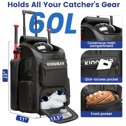 Kioqiear Rolling Baseball Bag with Wheels,Large Softball Bag with Fence Hook for 4 Bats & Equipment,Lightweight Baseball Bat with Shoe Compartment. (Black) - Image 2