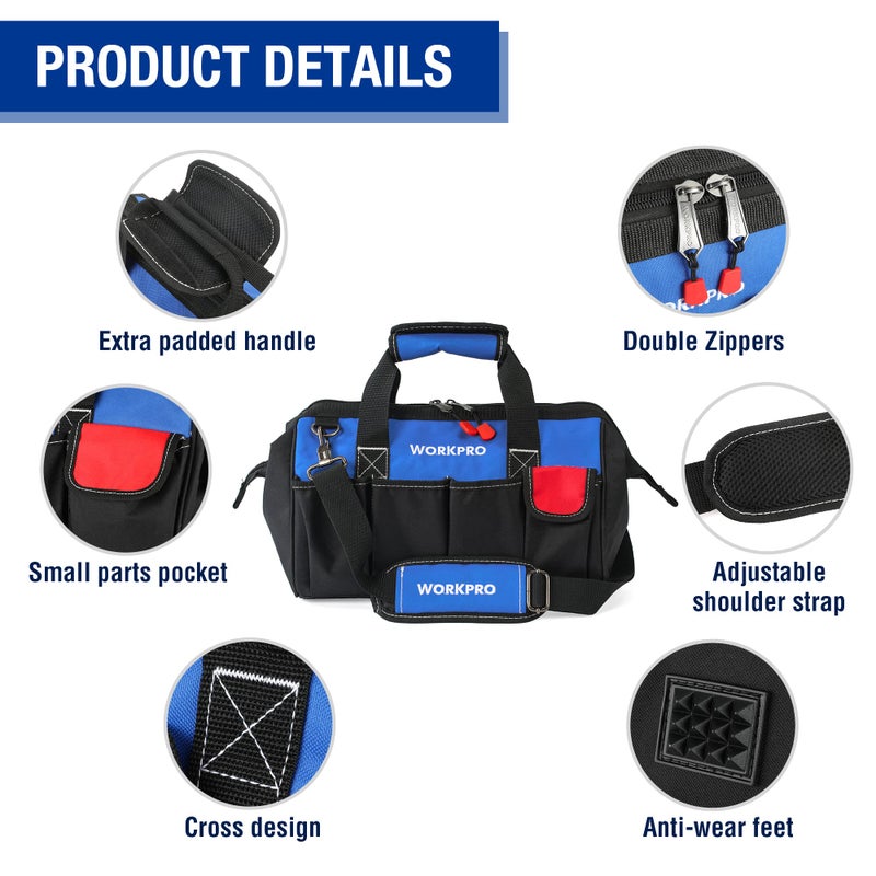 WORKPRO 14-inch Tool Bag  Multi-pocket Tool Organizer with Adjustable Shoulder Strap - Image 3