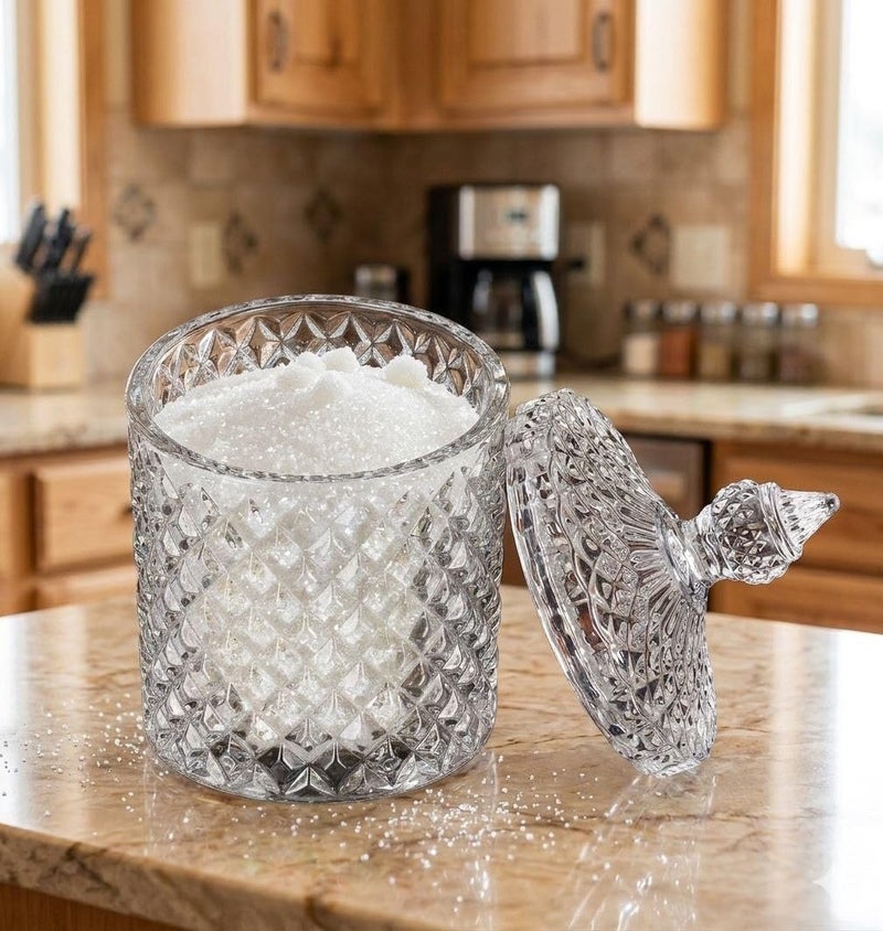 Generic Crystal Glass Sugar Bowl with Lid, Large Size, Diamond Cut Design, for Sugar, Candy, and All-Purpose Use, .sn - Image 1