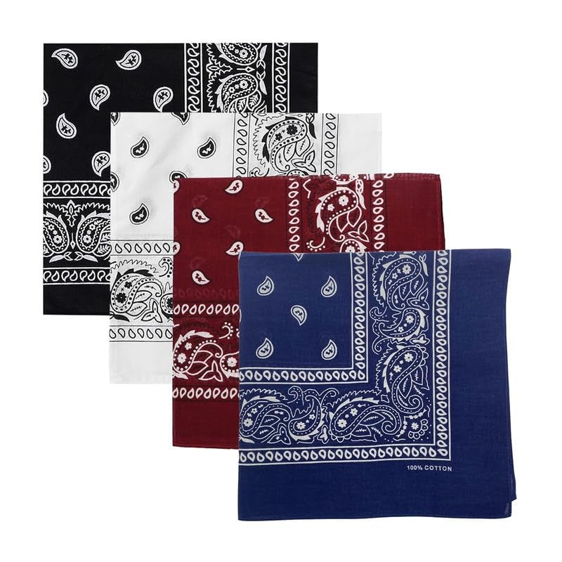 DIKHAWA Unisex Soft Breathable Cotton Paisley Printed Cowboy Bandanas,Headband,Scarf (BLACK,WHITE,NAVY,BURGUNDY_50CM X 50CM_Pack of 4) - Image 1