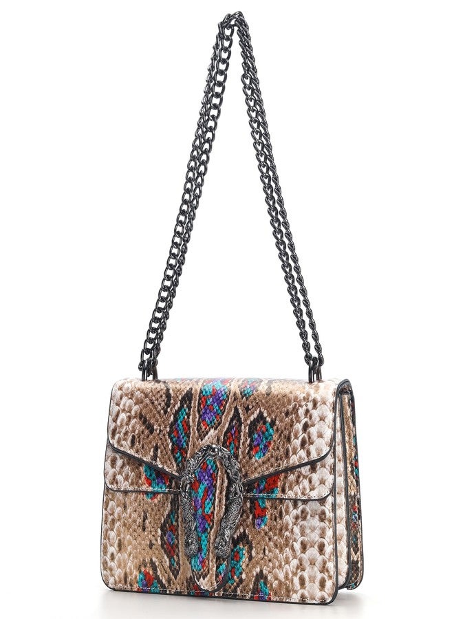 DEEPMEOW Leather Shoulder Bag Chain Purse for Women - Fashion Crossbody Bags Vintage Snake Print Underarm Bag Square Satchel Handbag, E-khaki, Medium - Image 1