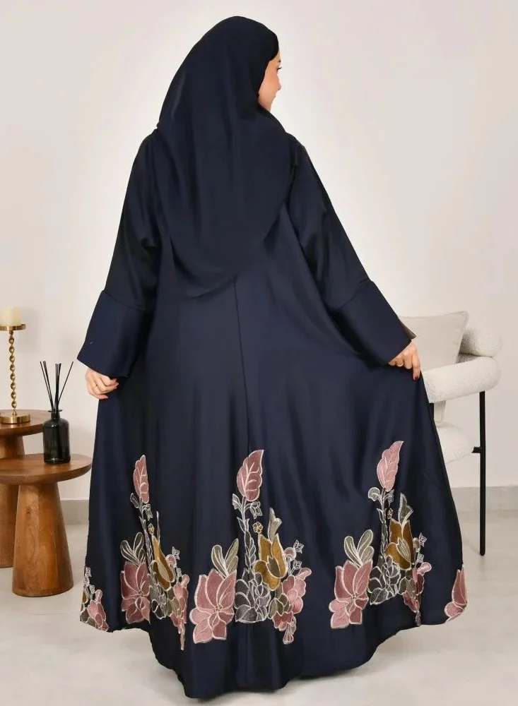 lamha abaya Navy blue wrap abaya with soft fabric and elegant embroidery at the bottom of the abaya
