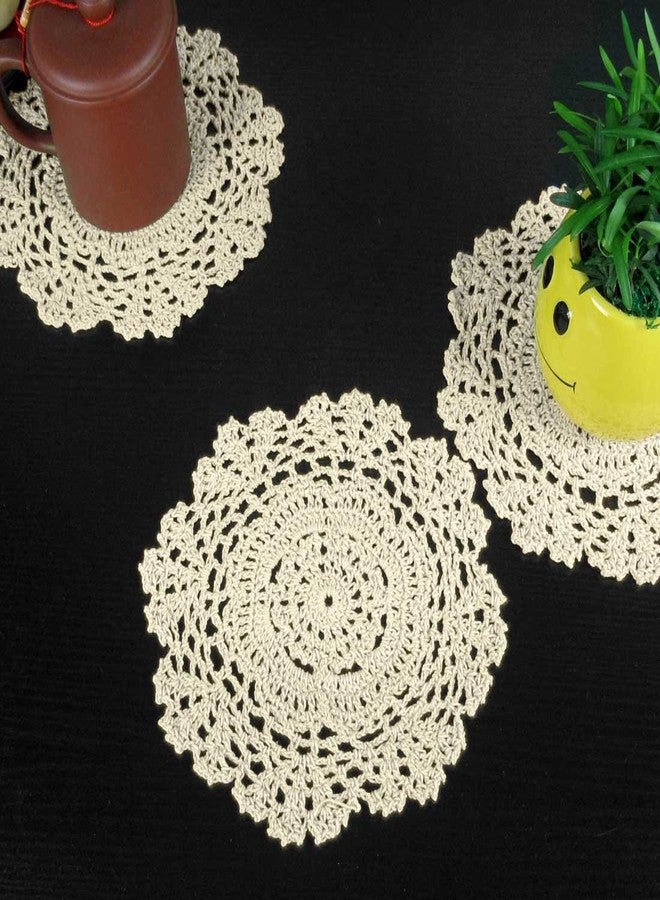 kilofly Crochet Cotton Lace Table Placemats Doilies Value Pack, 4pc, Beige, Floral, 7 inch - Image 2