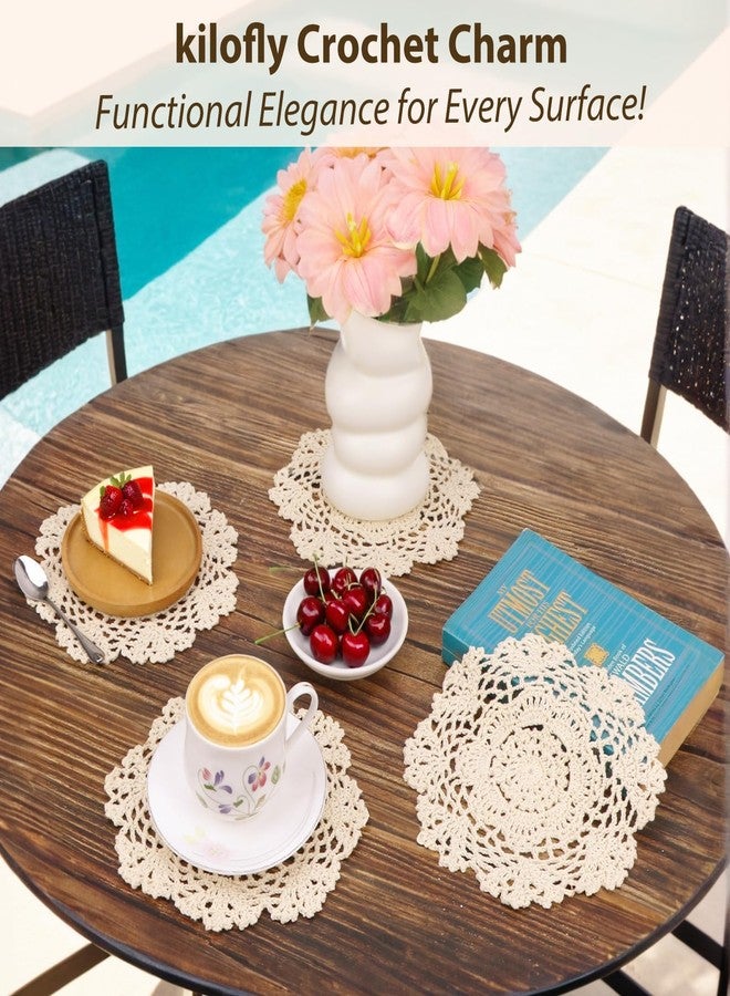 kilofly Crochet Cotton Lace Table Placemats Doilies Value Pack, 4pc, Beige, Floral, 7 inch - Image 5