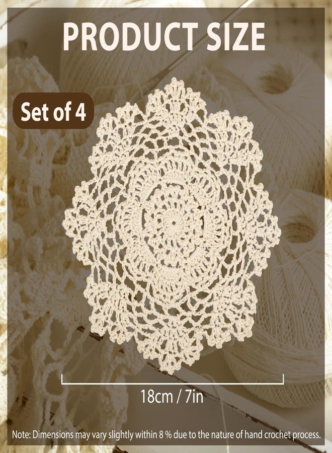 kilofly Crochet Cotton Lace Table Placemats Doilies Value Pack, 4pc, Beige, Floral, 7 inch - Image 3