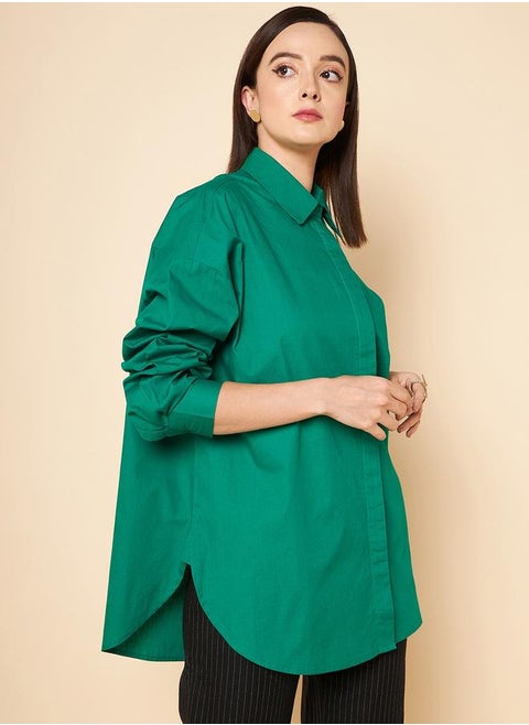 Women's Green 100% Cotton Solid Pattern Button Down Shirt