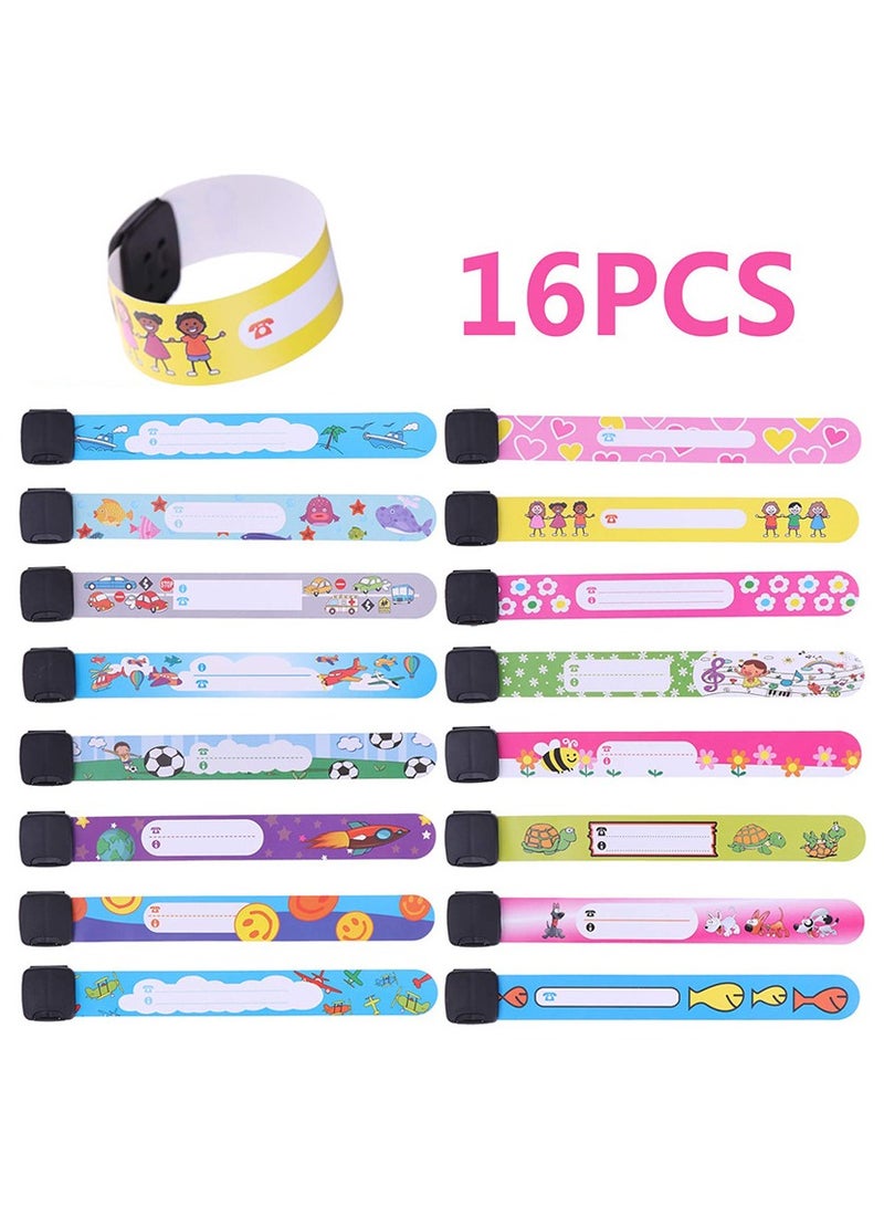 16 Piece Reusable Kids' Safety ID Bracelets – Waterproof Name Tags for Boys and Girls, Child ID Wristbands - Image 1