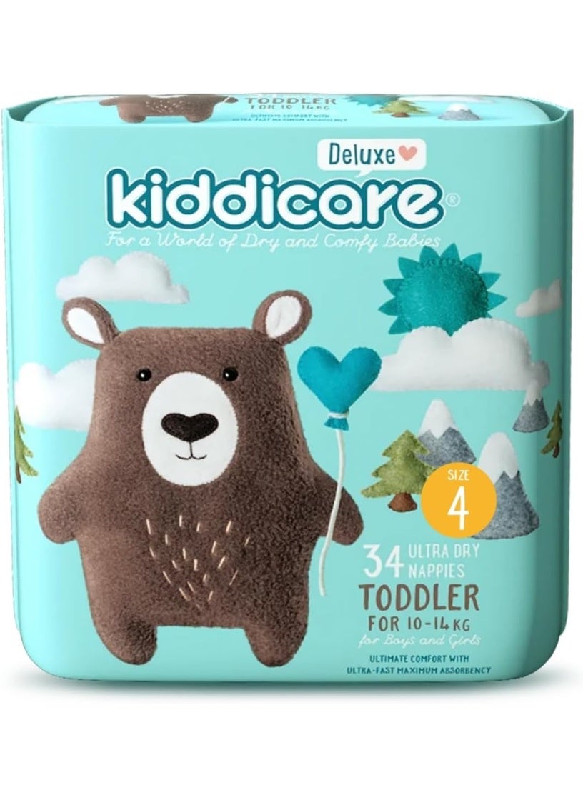 Kiddicare Baby Deluxe Toddler Diaper Nappy, Size 4, 34 Count, Leakage Protection, 10-14 kg, Anti Rash, 12 Hours Absorption, Cottony Soft Ultra Fast High Absorb Technology