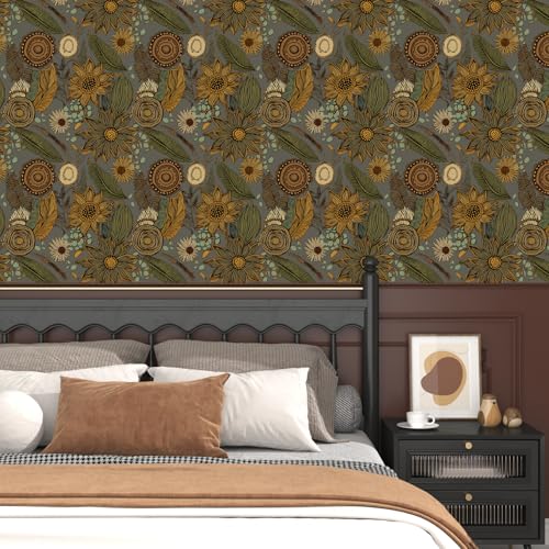 Laatse Grey Boho Wallpaper Peel and Stick Vintage Yellow Green Floral Contact Paper 175 x 393 Rustic Botanical Retro Absract Wall Paper Self Adhesive Removable Waterproof Renter Friendly for Cabinet - Image 3