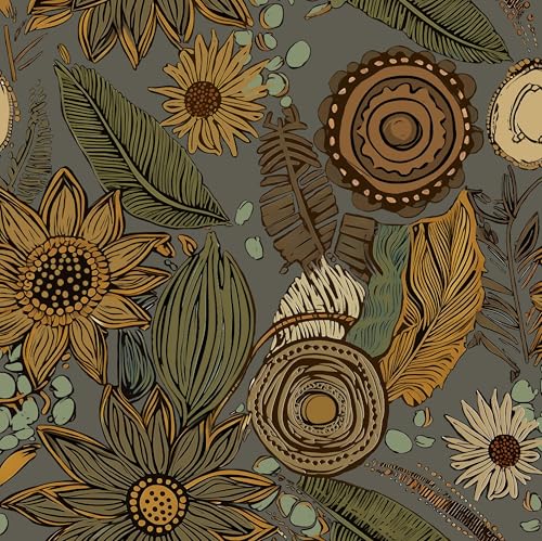 Laatse Grey Boho Wallpaper Peel and Stick Vintage Yellow Green Floral Contact Paper 175 x 393 Rustic Botanical Retro Absract Wall Paper Self Adhesive Removable Waterproof Renter Friendly for Cabinet - Image 1