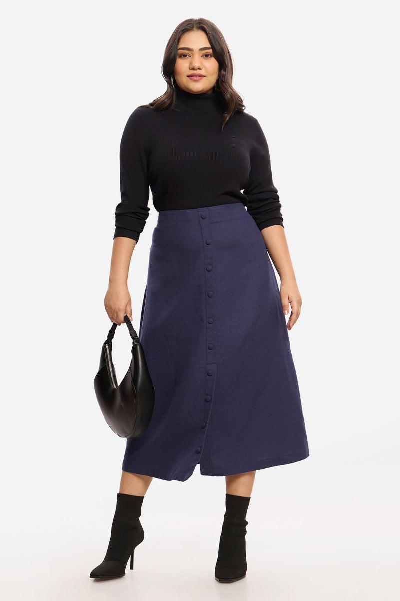 Virgio Solid Viscose Midi Plus Size Skirt With Faux Placket for Women - Image 1