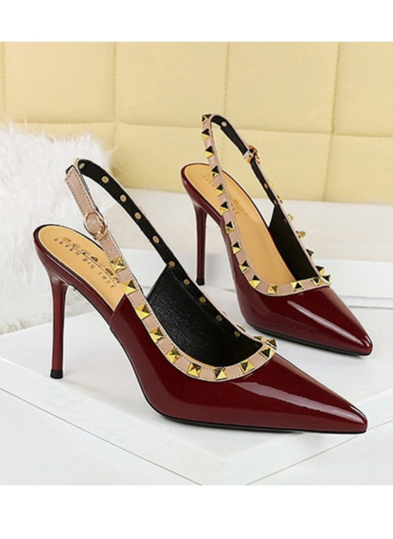 BIGTREE Women's Closed Pointed Toe Stiletto Pump Rivet Decoration High Heels Sandals With Ankle Straps Wine Red 9.5 CM  - Image 2