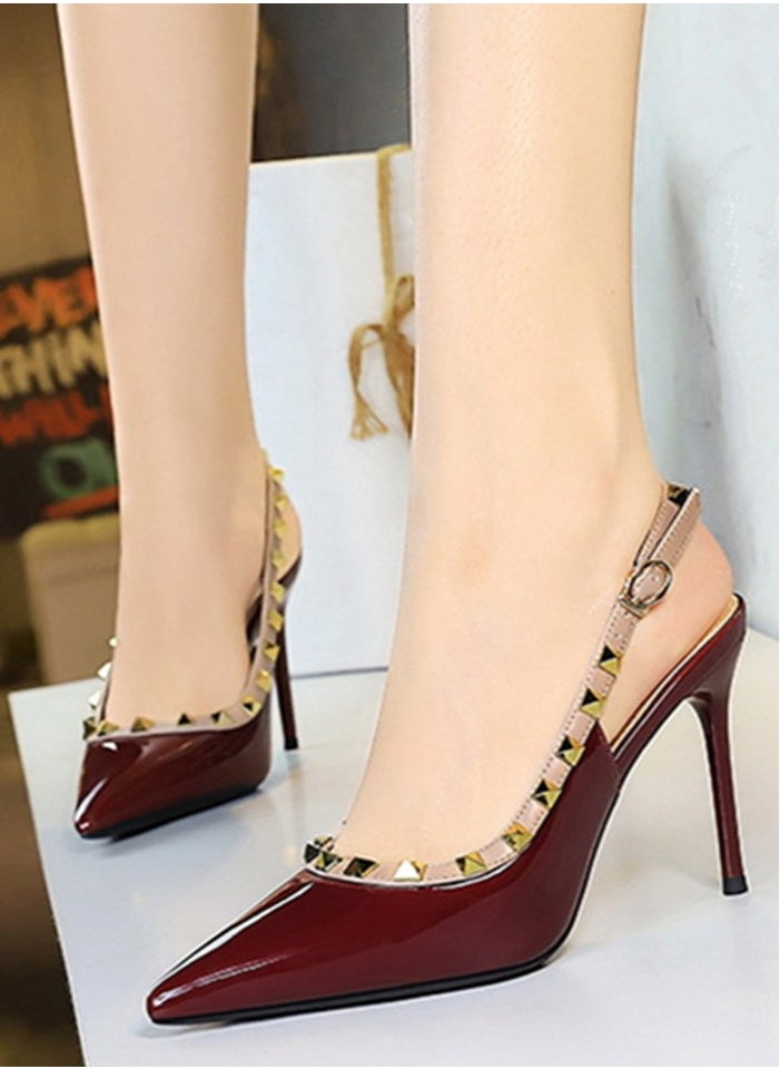BIGTREE Women's Closed Pointed Toe Stiletto Pump Rivet Decoration High Heels Sandals With Ankle Straps Wine Red 9.5 CM  - Image 4
