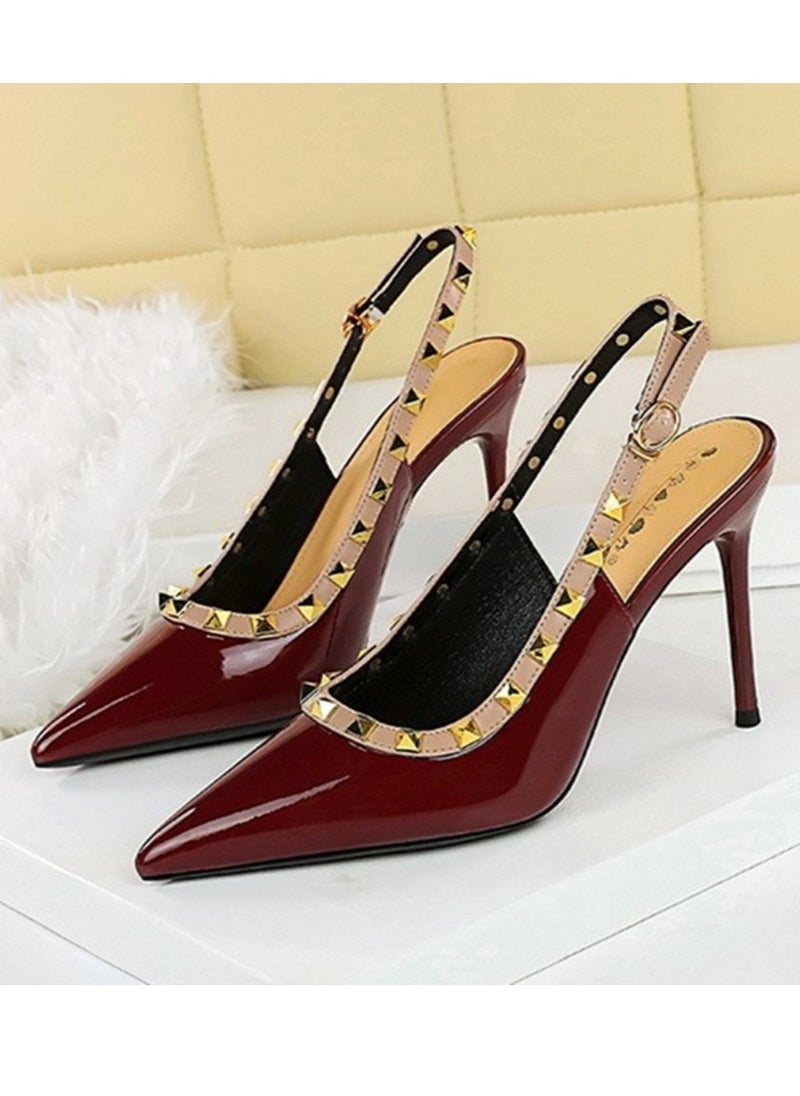 BIGTREE Women's Closed Pointed Toe Stiletto Pump Rivet Decoration High Heels Sandals With Ankle Straps Wine Red 9.5 CM  - Image 1