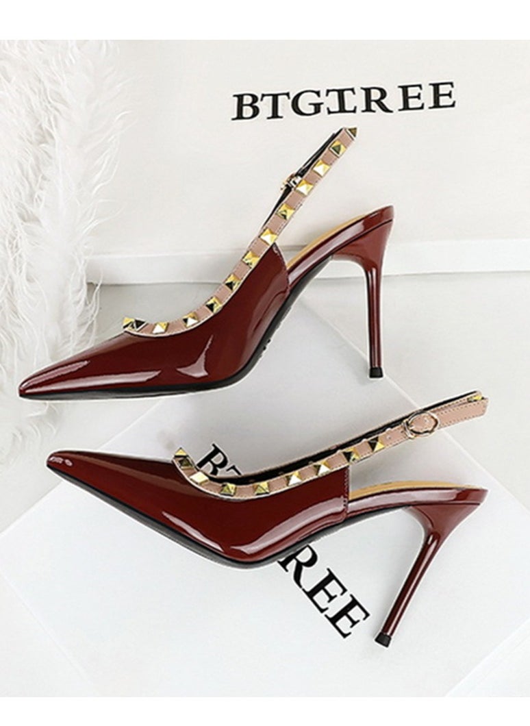 BIGTREE Women's Closed Pointed Toe Stiletto Pump Rivet Decoration High Heels Sandals With Ankle Straps Wine Red 9.5 CM  - Image 3