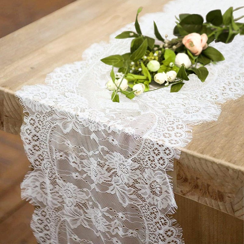 Fowecelt 2 Pcs White Lace Table Runner 14 x 120 Inch Vintage Table Runner for Wedding Bridal Shower Baby Shower Party Table Decoration Rustic Rose Embroidered Boho Lace Runners - Image 1