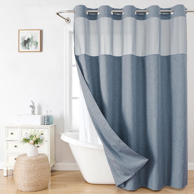 eachope No Hooks Needed Linen Textured Shower Curtain with Snap-in Fabric Liner Set,Blue Grey Hotel Luxury Decor Shower Curtains for Bathroom with Mesh Top Window,Waterproof & Washable,71Wx74H - Image 1