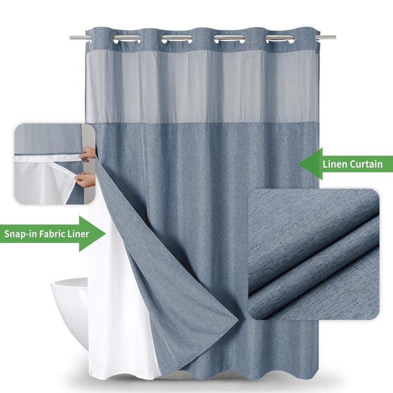 eachope No Hooks Needed Linen Textured Shower Curtain with Snap-in Fabric Liner Set,Blue Grey Hotel Luxury Decor Shower Curtains for Bathroom with Mesh Top Window,Waterproof & Washable,71Wx74H - Image 2
