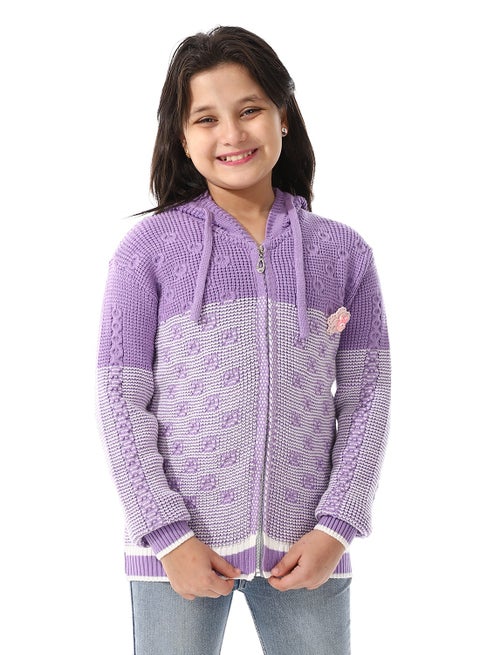 Regular Fit Girls Hooded Sweater_ Purple & White