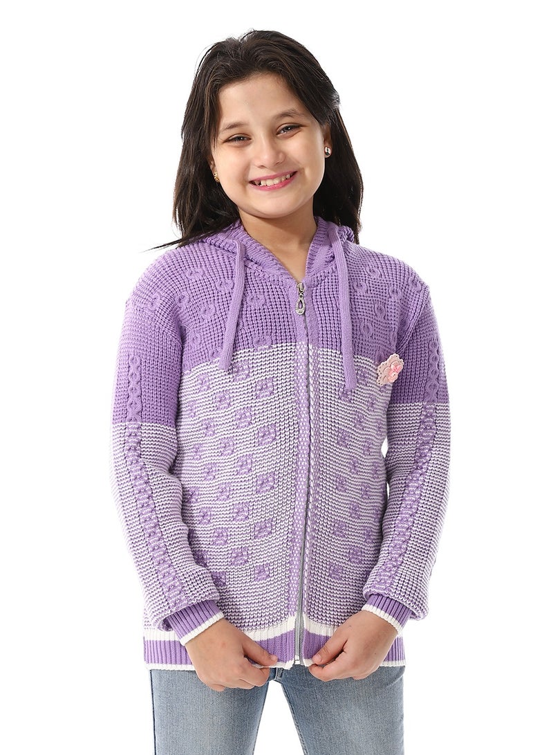 Andora Regular Fit Girls Hooded Sweater_ Purple & White - Image 1