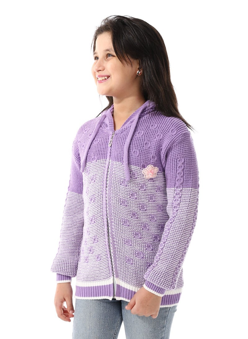 Andora Regular Fit Girls Hooded Sweater_ Purple & White - Image 2