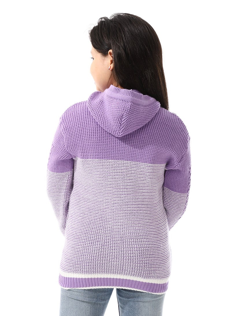 Andora Regular Fit Girls Hooded Sweater_ Purple & White - Image 3