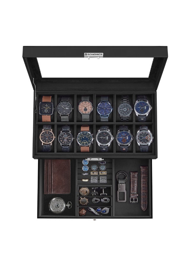 SONGMICS Watch Box, Watch Case with Glass Lid, 2-Tier Watch Display Case for 12 Watches, Lockable, 1 Drawer, for Rings, Bracelets, Gift Idea, Black Synthetic Leather, Black Lining - Image 1