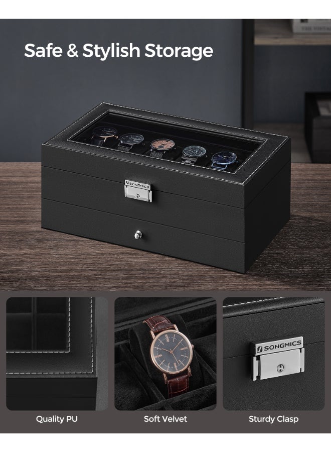SONGMICS Watch Box, Watch Case with Glass Lid, 2-Tier Watch Display Case for 12 Watches, Lockable, 1 Drawer, for Rings, Bracelets, Gift Idea, Black Synthetic Leather, Black Lining - Image 3