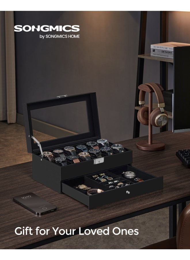SONGMICS Watch Box, Watch Case with Glass Lid, 2-Tier Watch Display Case for 12 Watches, Lockable, 1 Drawer, for Rings, Bracelets, Gift Idea, Black Synthetic Leather, Black Lining - Image 2