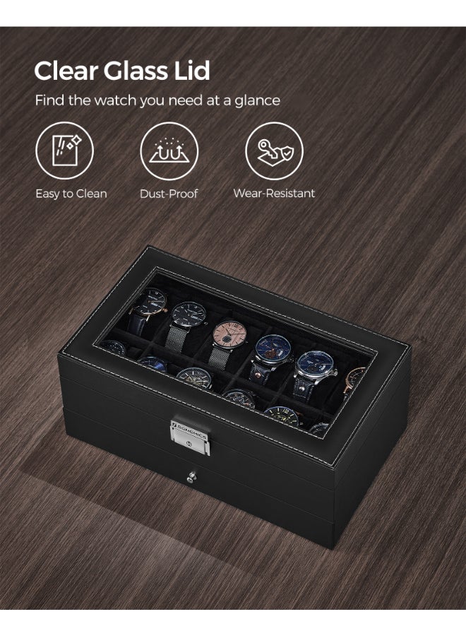 SONGMICS Watch Box, Watch Case with Glass Lid, 2-Tier Watch Display Case for 12 Watches, Lockable, 1 Drawer, for Rings, Bracelets, Gift Idea, Black Synthetic Leather, Black Lining - Image 5