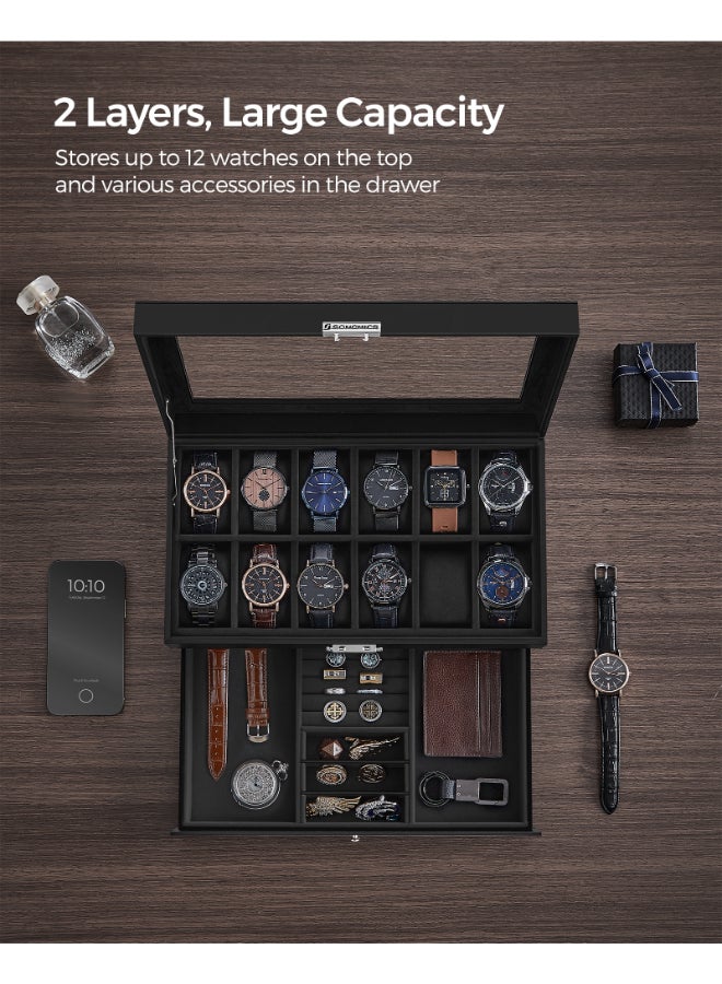 SONGMICS Watch Box, Watch Case with Glass Lid, 2-Tier Watch Display Case for 12 Watches, Lockable, 1 Drawer, for Rings, Bracelets, Gift Idea, Black Synthetic Leather, Black Lining - Image 4