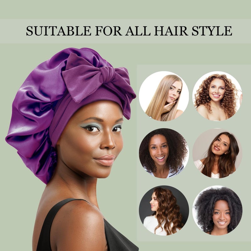 Gili Satin Silk Hair Bonnet for Sleeping Large Bonnets with Tie Band Wrap with Adjustable Straps Night Sleep Caps for Women Curly Braid Hair (Black,Purple) - Image 4