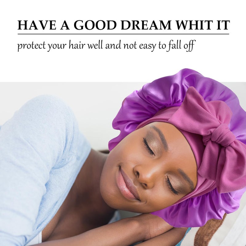 Gili Satin Silk Hair Bonnet for Sleeping Large Bonnets with Tie Band Wrap with Adjustable Straps Night Sleep Caps for Women Curly Braid Hair (Black,Purple) - Image 2