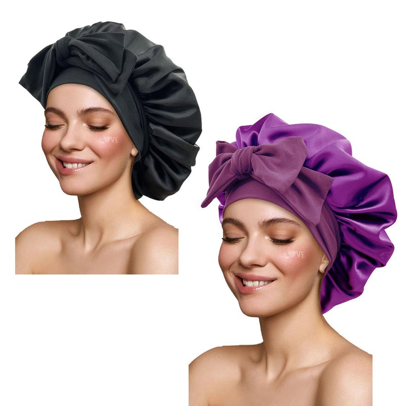 Gili Satin Silk Hair Bonnet for Sleeping Large Bonnets with Tie Band Wrap with Adjustable Straps Night Sleep Caps for Women Curly Braid Hair (Black,Purple) - Image 1