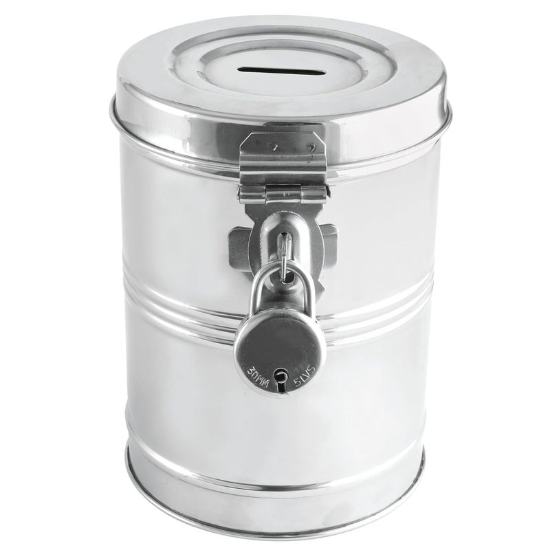 DEZNA DEZNA Stainless Steel Round Shape Gullak Bank with Lock Cash Box Pack of 1 - Image 1