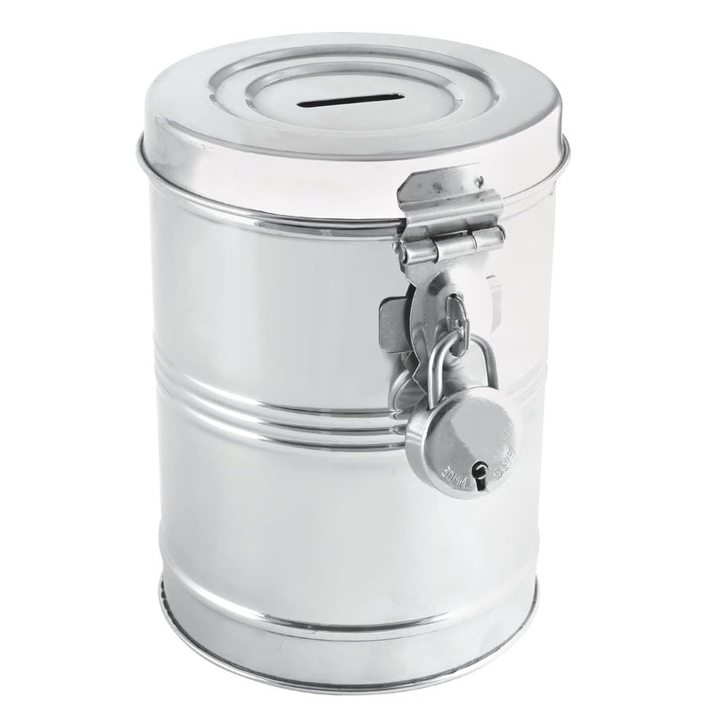 DEZNA DEZNA Stainless Steel Round Shape Gullak Bank with Lock Cash Box Pack of 1 - Image 2
