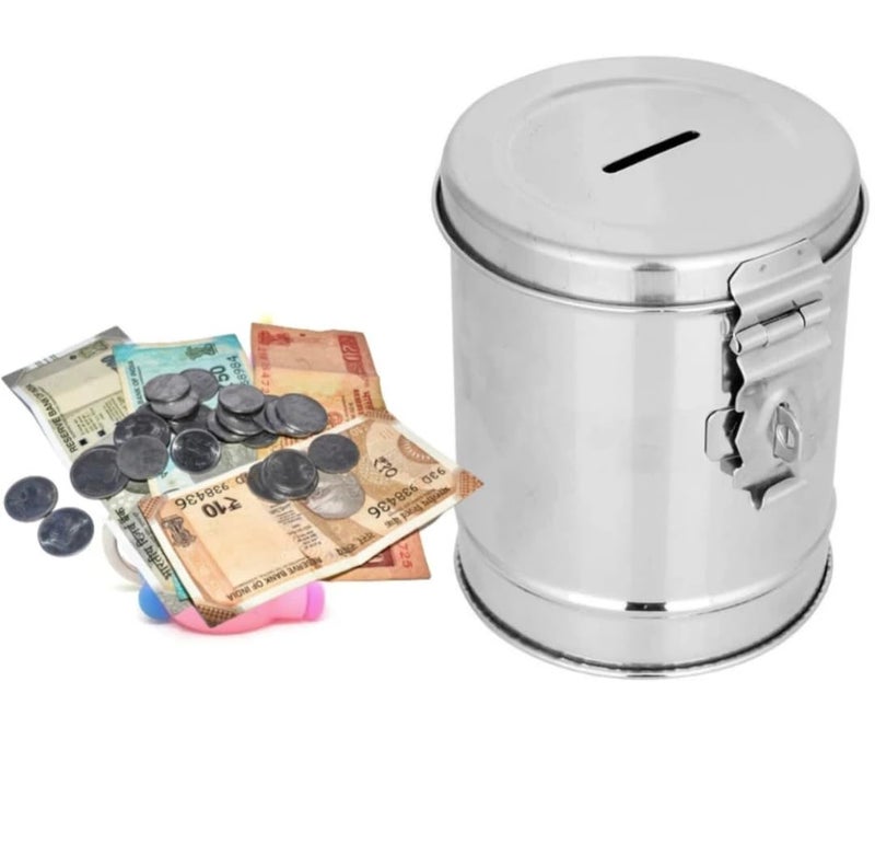 DEZNA DEZNA Stainless Steel Round Shape Gullak Bank with Lock Cash Box Pack of 1 - Image 4