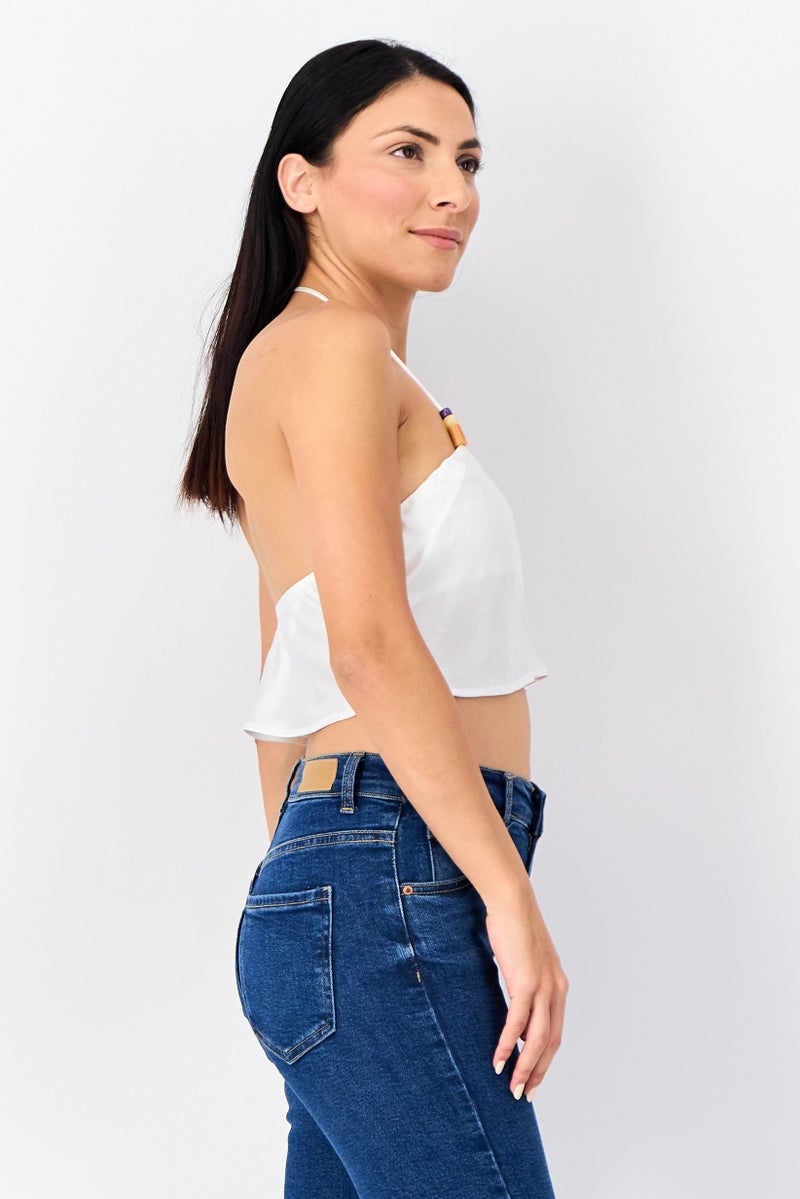 Bershka Women Halter Neck Sleeveless Solid Tank Top, White - Image 4