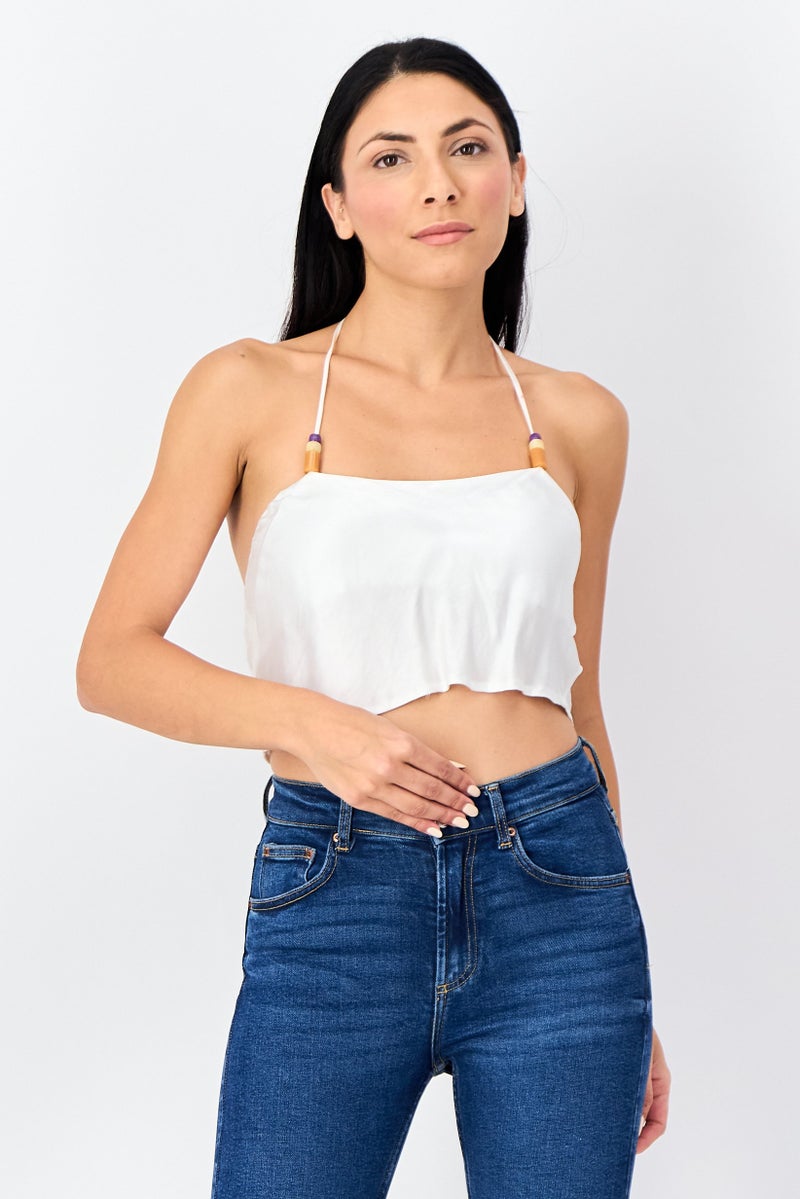 Bershka Women Halter Neck Sleeveless Solid Tank Top, White - Image 1