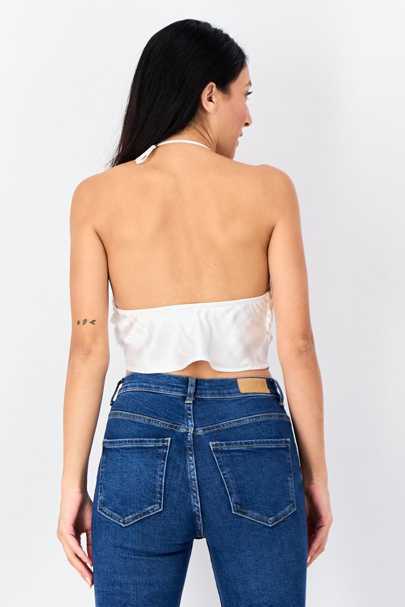 Bershka Women Halter Neck Sleeveless Solid Tank Top, White - Image 3